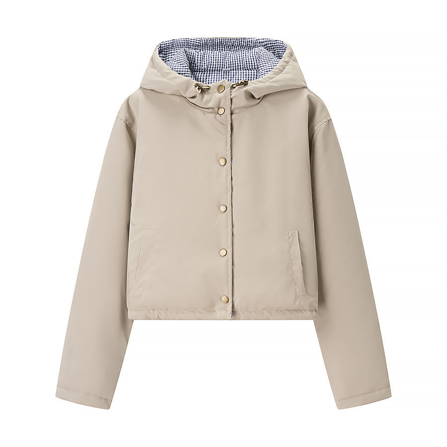 Damen stylische Übergangsjacke mit Kapuze und Druckknopfverschluss Drune
