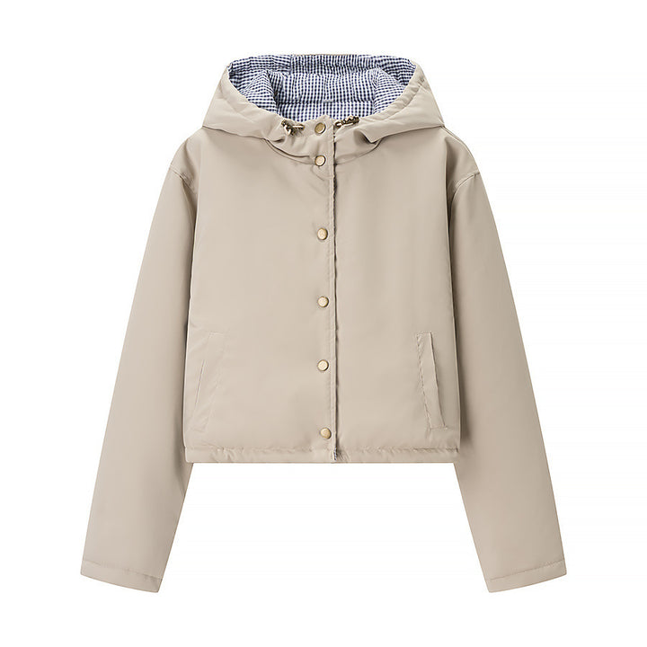 Damen stylische Übergangsjacke mit Kapuze und Druckknopfverschluss Drune