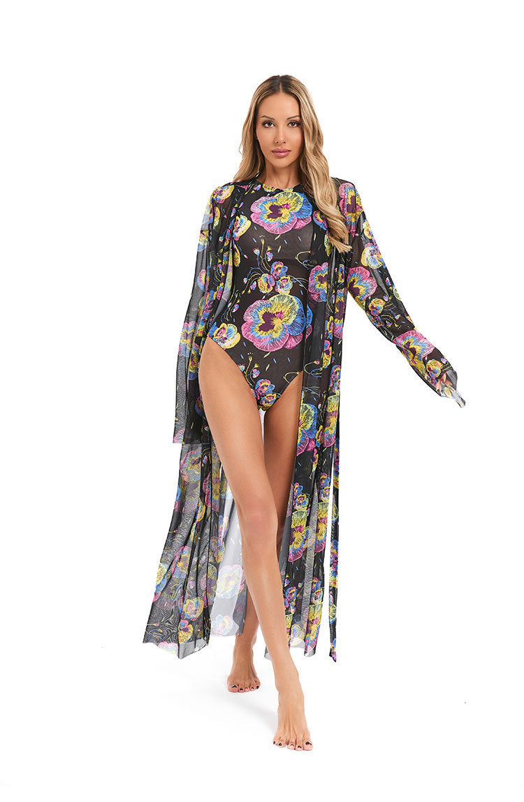 Damen eleganter transparenter Strandkimono mit floralem Design Drune