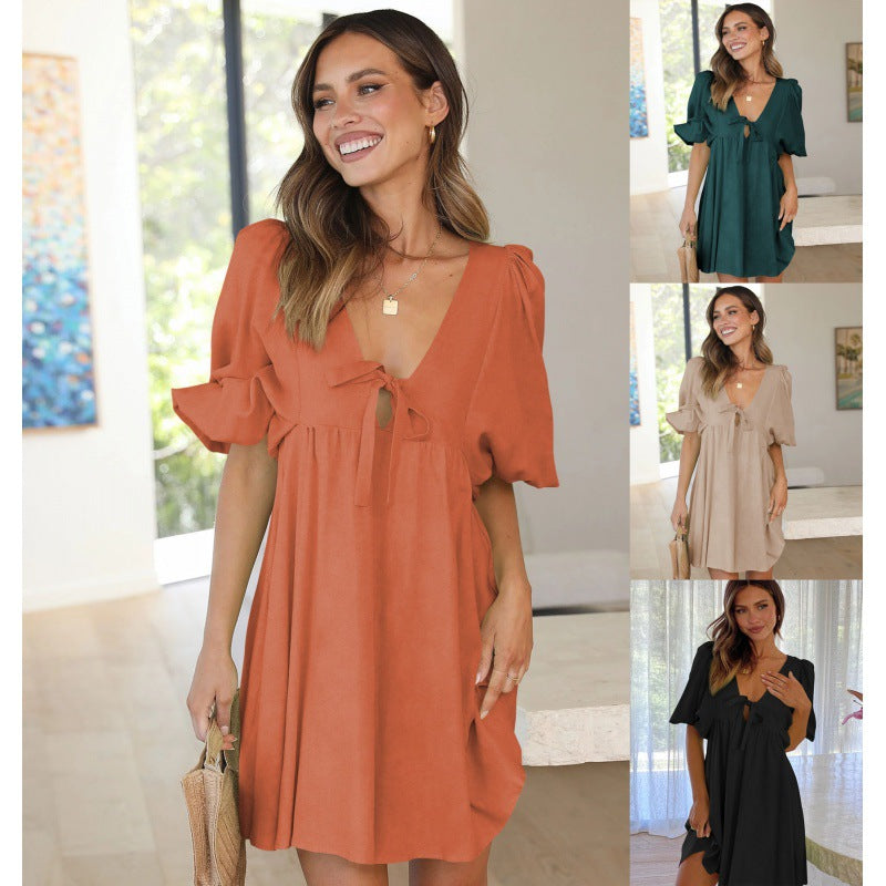 Damen lässiges Sommerkleid mit V-Ausschnitt und Rüschenärmeln Drune