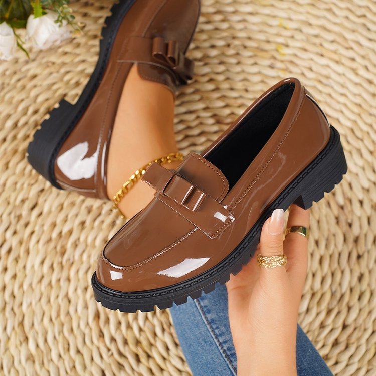 Damen nan elegante Lack-Plateau-Loafer mit dekorativer Schleife und profilierter Gummisohle Drune