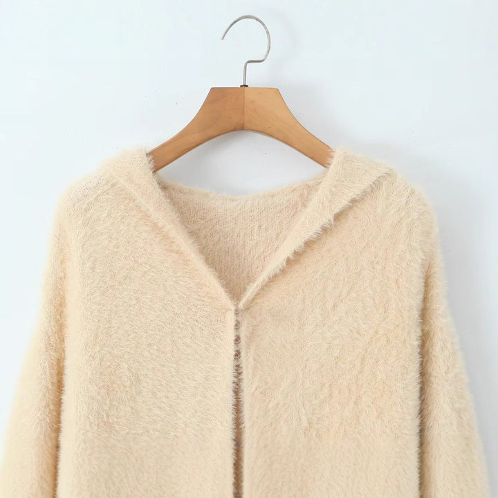 Damen Kuscheliger Langstrickmantel mit Kapuze und praktischen Taschen Drune