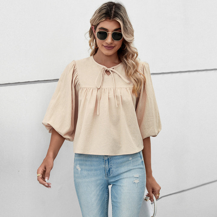 Damen Bluse mit weiten Ärmeln und verspieltem Knoten Drune