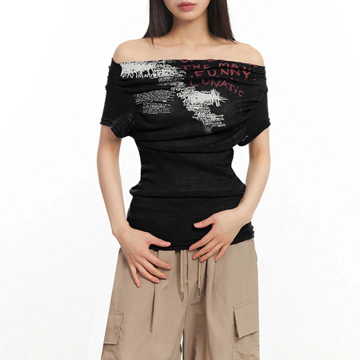 Damen Off-Shoulder T-Shirt mit künstlerischem Druck und figurbetontem Schnitt Drune