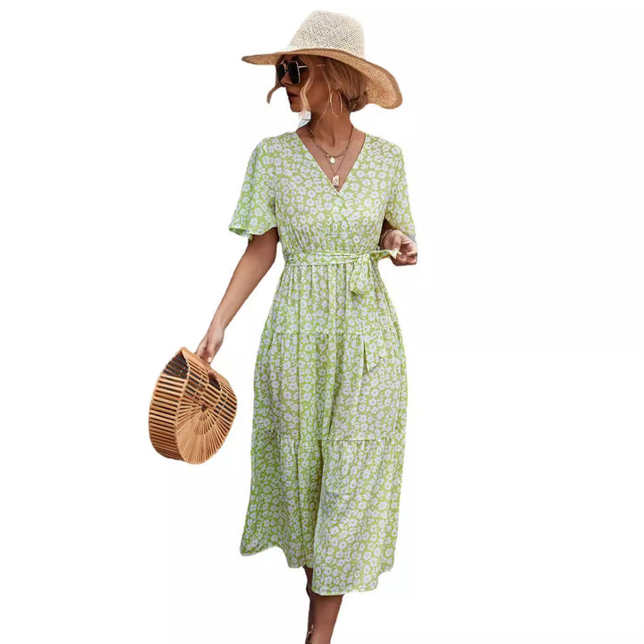Damen Midikleid mit floralem Design und bindbarem Taillenband Drune