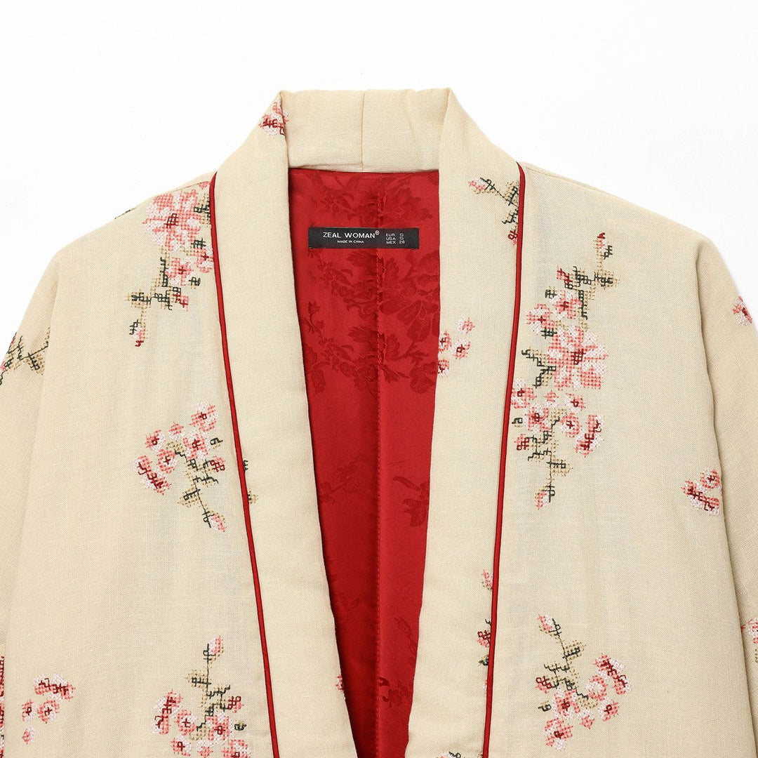 Damen Elegante kimono-inspirierte Jacke mit floraler Bestickung Drune