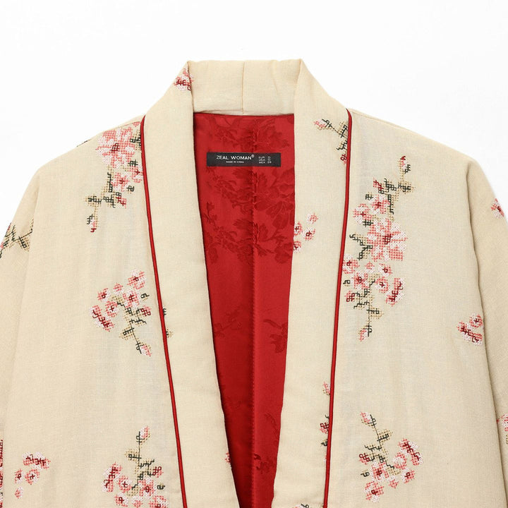 Damen Elegante kimono-inspirierte Jacke mit floraler Bestickung Drune