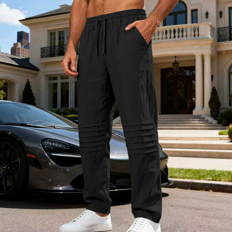 Herren nan entspannte Leinen-Jogginghose mit elastischem Tunnelzug, Kellerfalten-Kniepartie und seitlichen Eingrifftaschen Drune