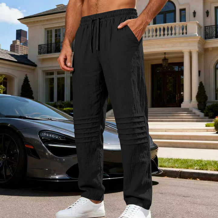 Herren nan entspannte Leinen-Jogginghose mit elastischem Tunnelzug, Kellerfalten-Kniepartie und seitlichen Eingrifftaschen Drune