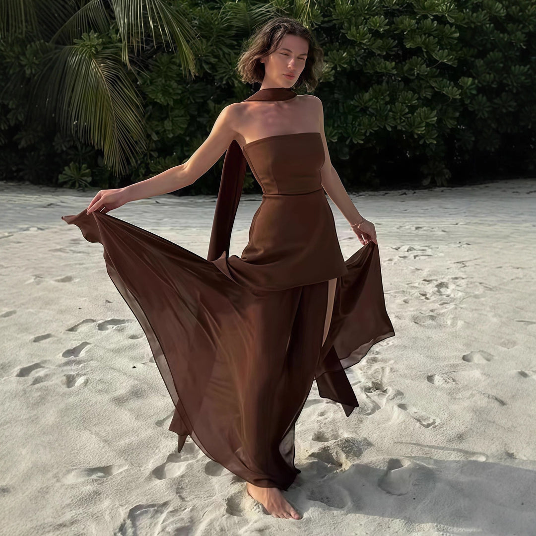 Damen Elegantes Maxikleid mit asymmetrischem Schnitt und schickem Schlitz Drune