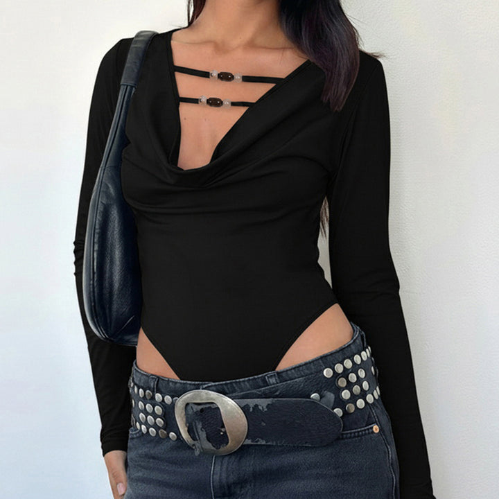 Damen eleganter Langarmbody mit modischem Ausschnitt Drune