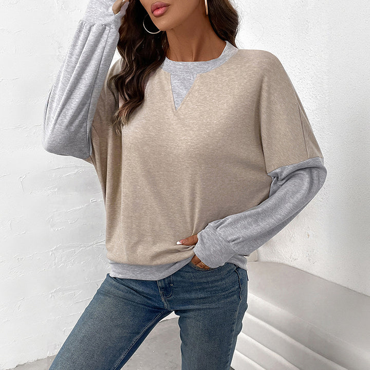 Damen lässiger Langarm-Pullover mit kontrastierenden Ärmeln und V-Ausschnitt Drune
