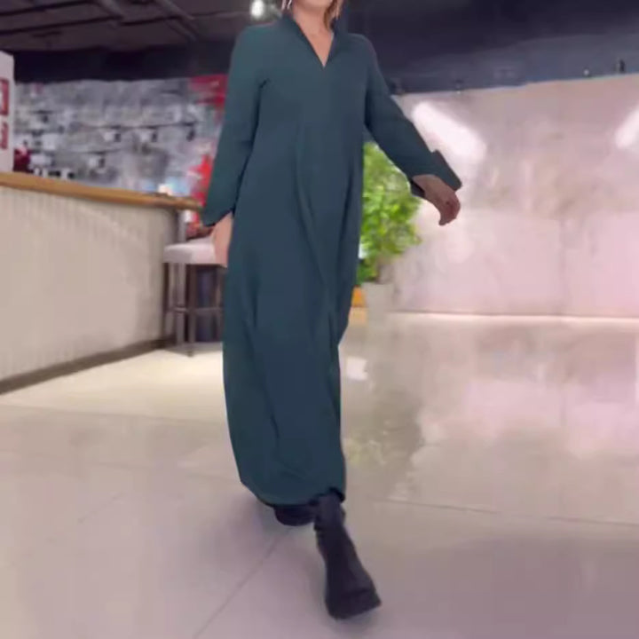 Damen nan fließendes Maxikleid mit V-Ausschnitt, kastiger A-Linie und langen Ärmeln Drune