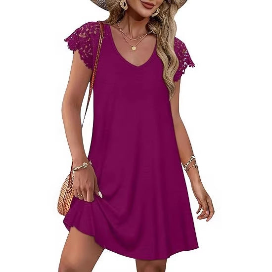 Damen Sommerkleid mit eleganten Spitzenärmeln und floralem Muster Drune