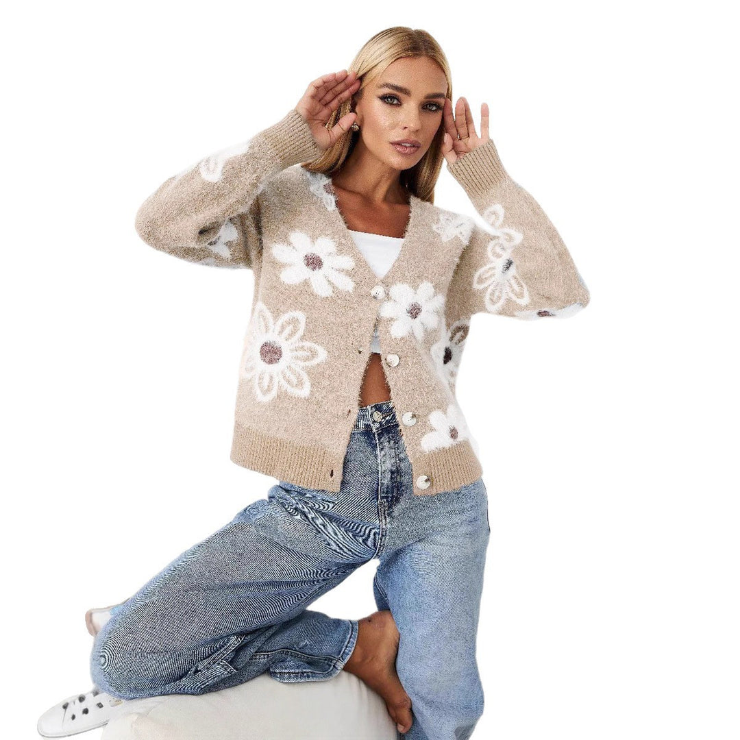 Damen Strickjacke mit floralen Mustern und eleganten Knopfdetails Drune