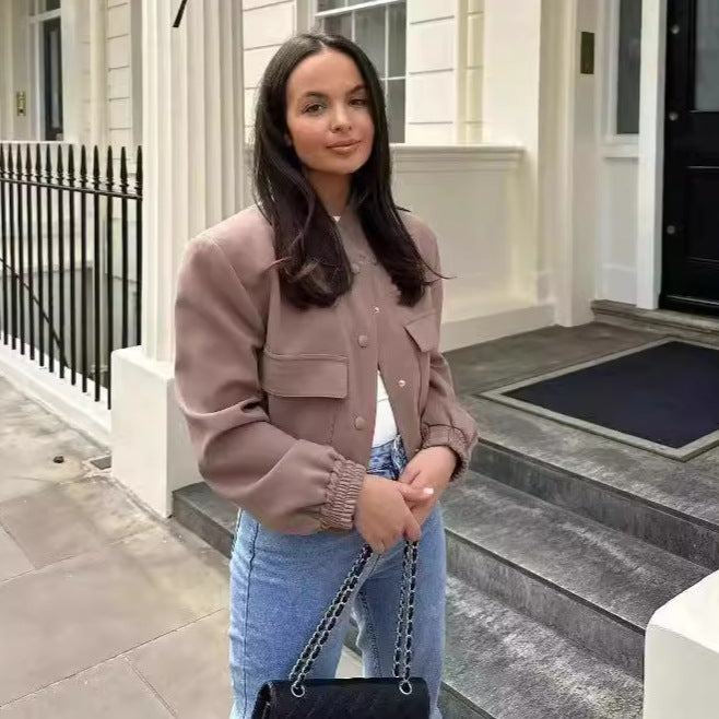 Damen lässige cropped Jacke mit praktischen Taschen und elastischem Saum Drune