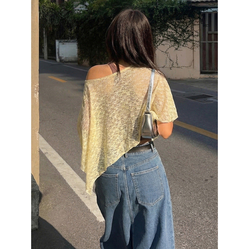 Damen lässiges Crop-Top aus leichtem Strickstoff mit asymmetrischem Saum Drune