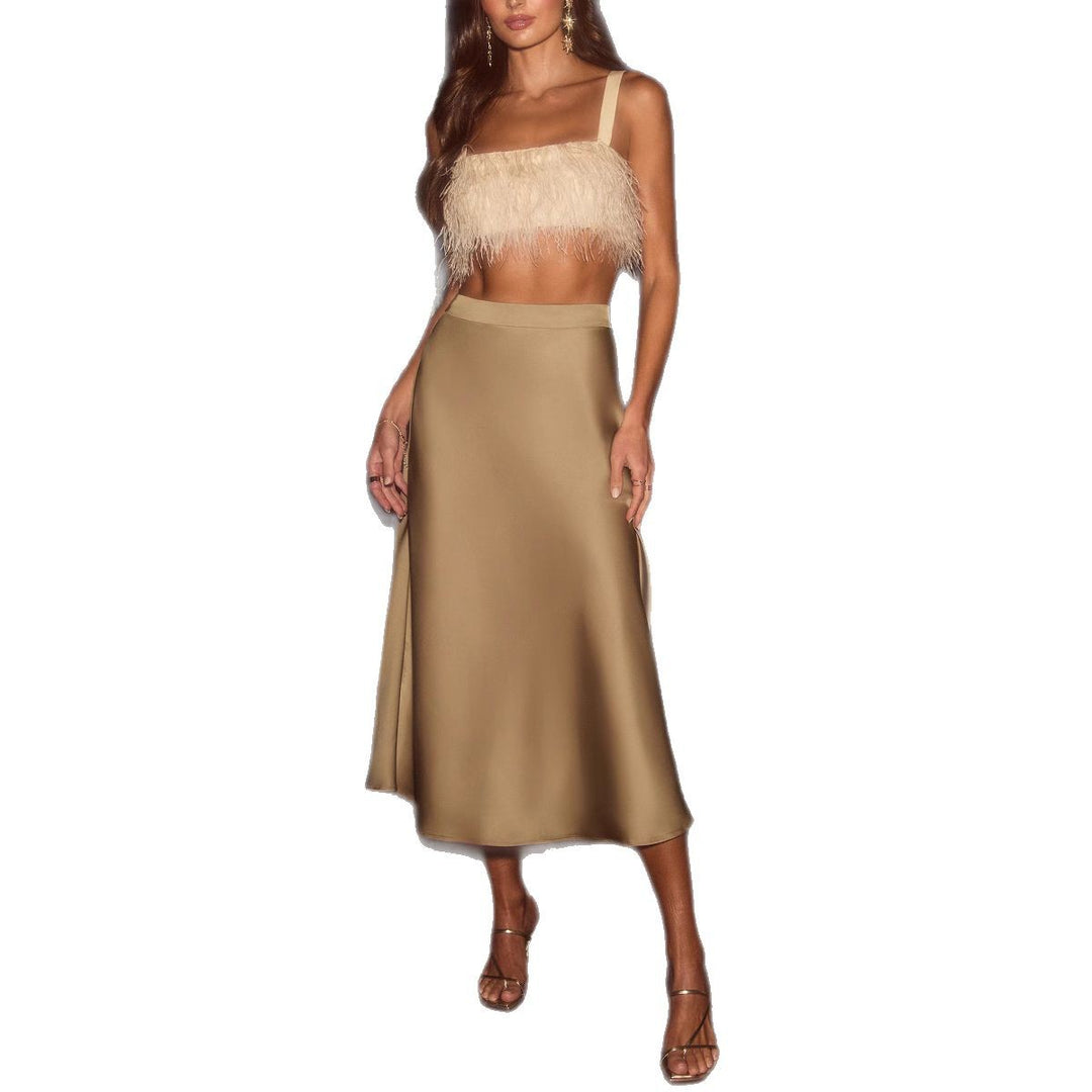 Damen schwingender Satin-Midirock mit elastischem Taillenbund Drune
