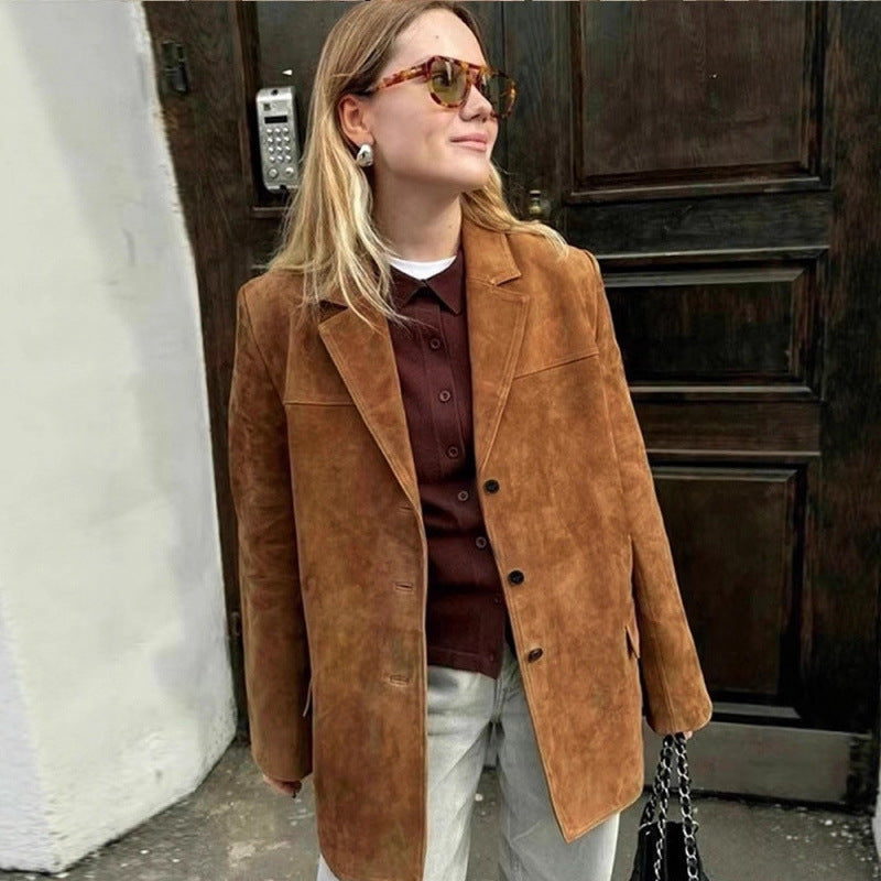 Damen klassische Blazerjacke aus weichem Material mit aufgesetzten Taschen Drune