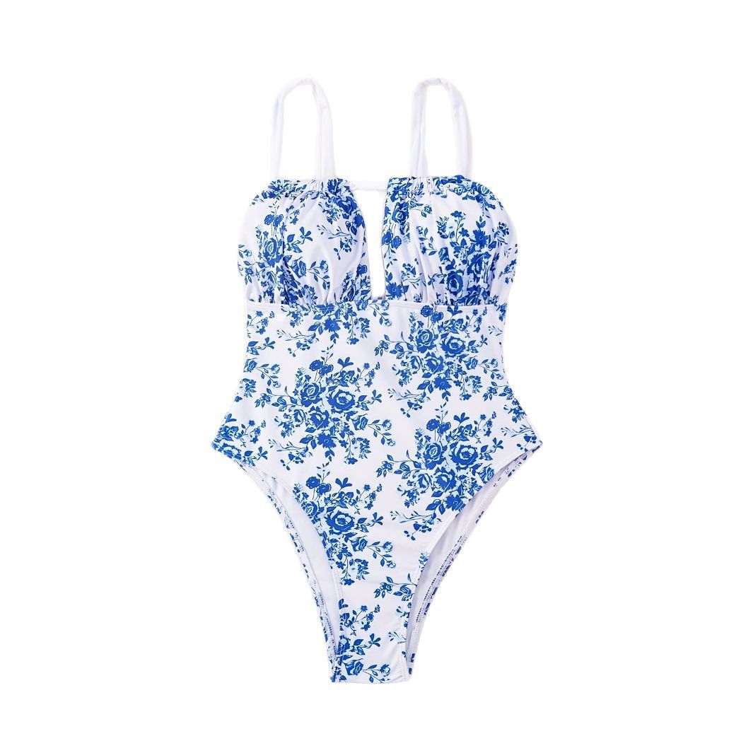 Damen Einteiliger Badeanzug mit floralem Design und tiefem V-Ausschnitt Drune
