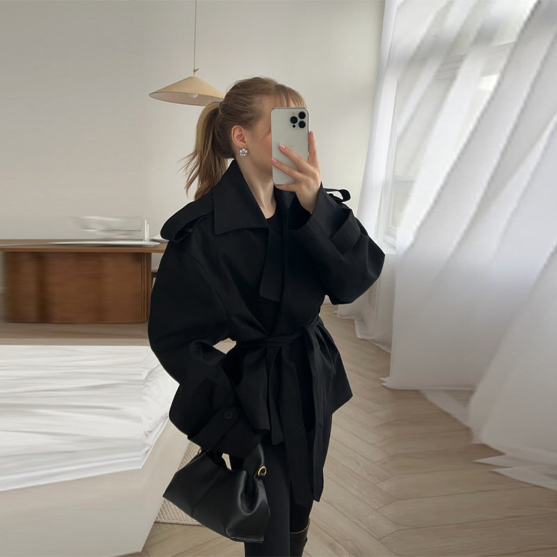Damen Elegante oversized Trenchjacke mit Gürtel und strukturierten Ärmeln Drune