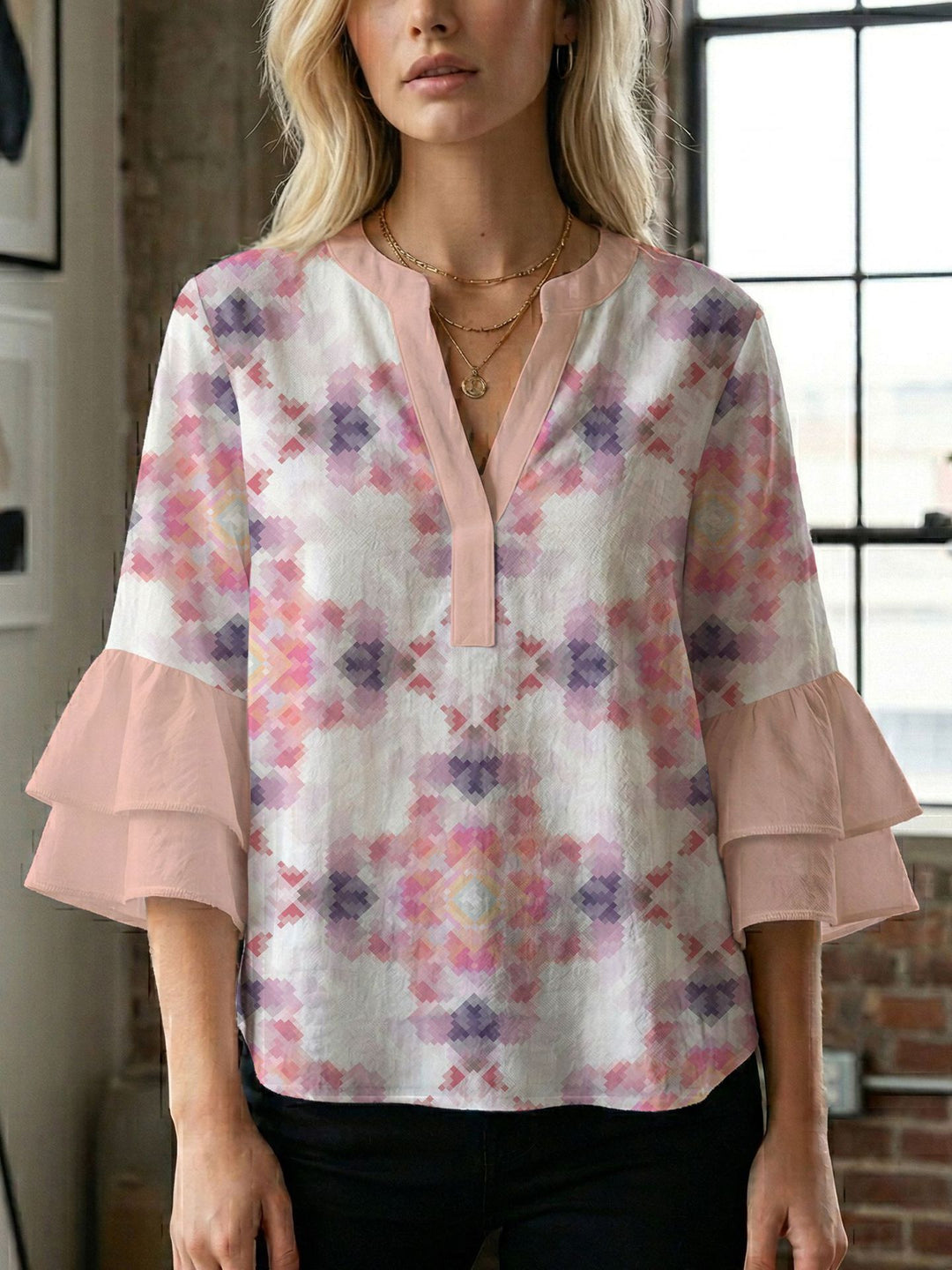 Damen Blusenshirt mit voluminösen Ärmeln und kreativem Druckdesign Drune