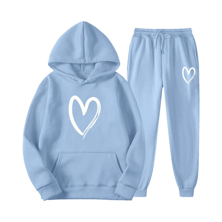 Damen Sweatsuit mit Kängurutasche und herzförmigem Print Drune
