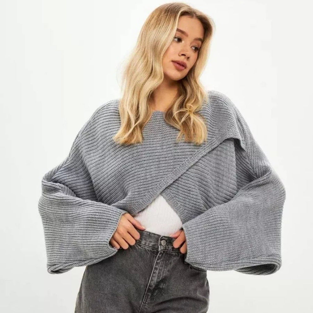 Damen lässiger cropped Strickpullover mit weitem Schnitt Drune