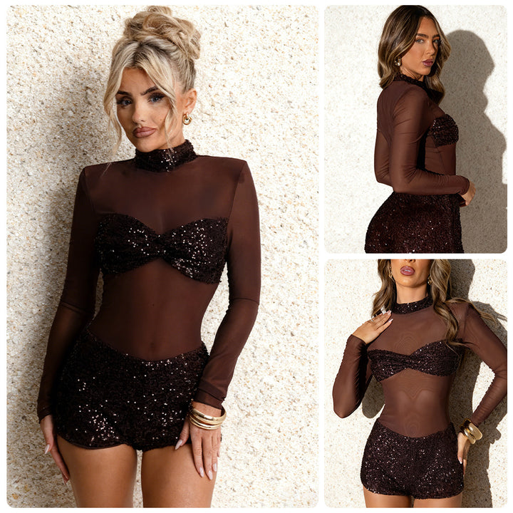 Damen Glitzerndes Jumpsuit mit langen Ärmeln Drune