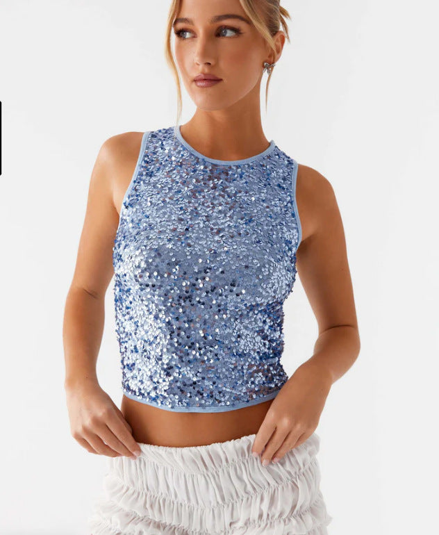 Damen Glitzerndes Crop-Top mit hochgeschlossenem Design und funkelnden Pailletten Drune