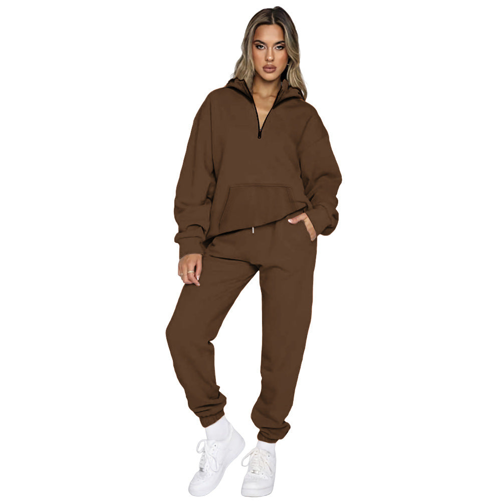 Damen gemütlicher Two-Piece Sweatsuit mit halbem Reißverschluss und praktischen Taschen Drune