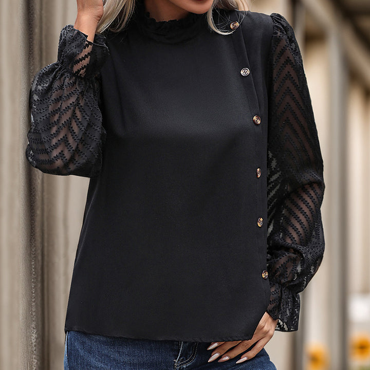 Damen Elegantes Blusenshirt mit transparenten Ärmeln und Knopfdetails Drune