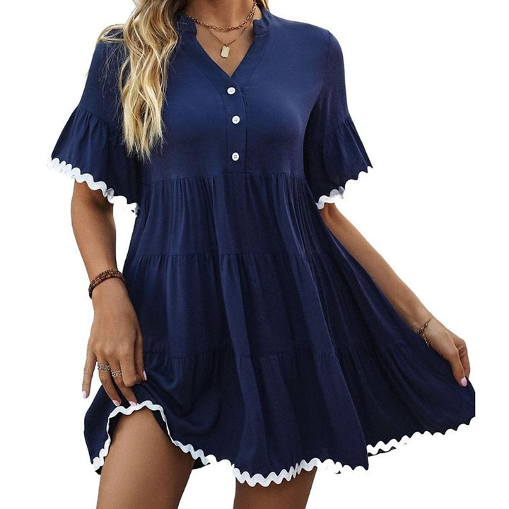 Damen luftiges Sommerkleid mit kontrastierendem Saum und Knopfdetails Drune