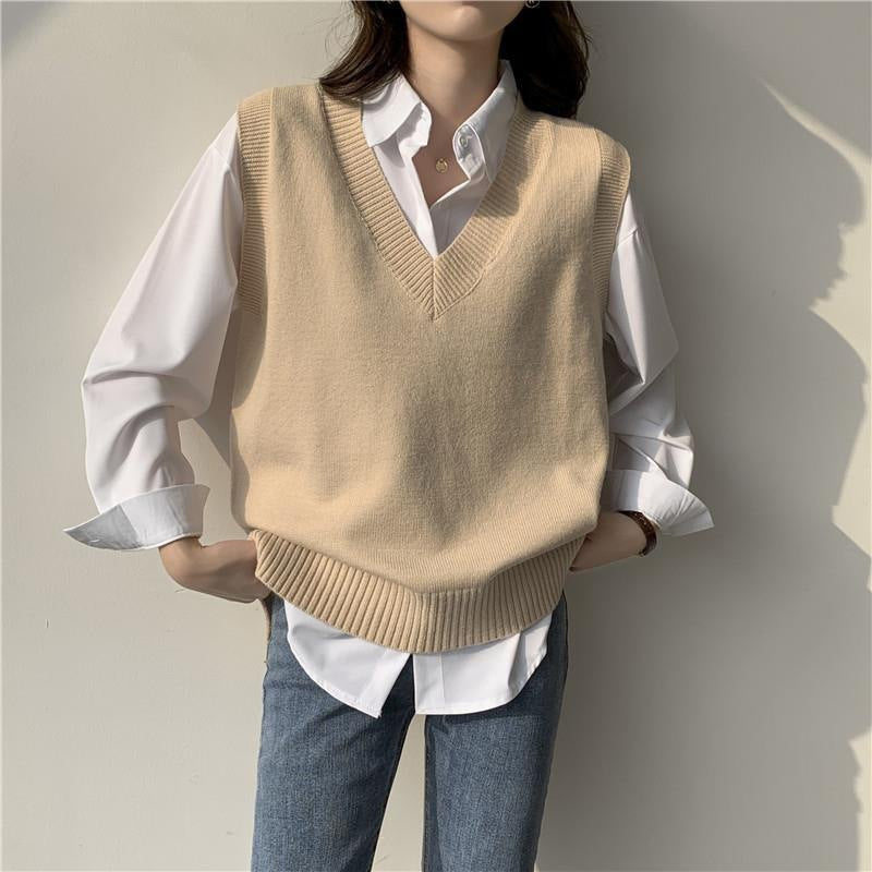 Damen Ärmellose Strickweste mit V-Ausschnitt und Rippdetails Drune