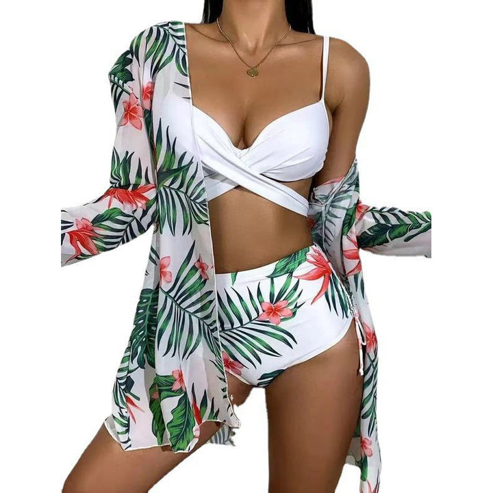 Damen Bikiniset mit floralem Kimono und hoch taillierter Hose Drune
