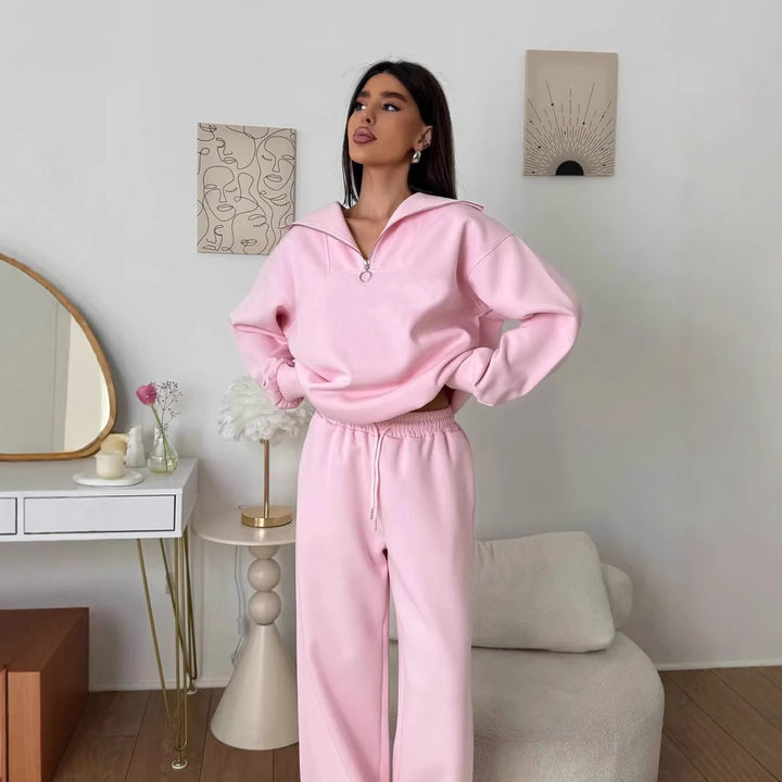 Damen eleganter Fleece-Sportanzug mit hochgeschlossenem Kragen und praktischem Reißverschluss Drune