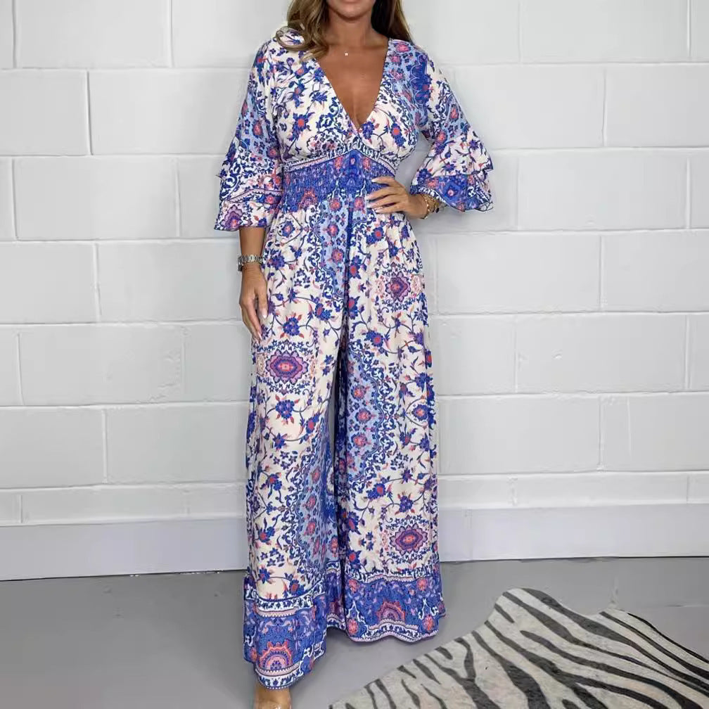 Damen Jumpsuit mit floralem Design und weit ausgestellten Ärmeln Drune