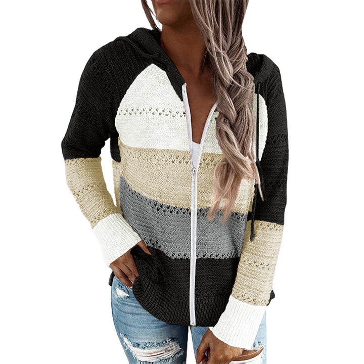 Damen lässige Strickjacke mit Kapuze und dekorativem Lochmuster Drune