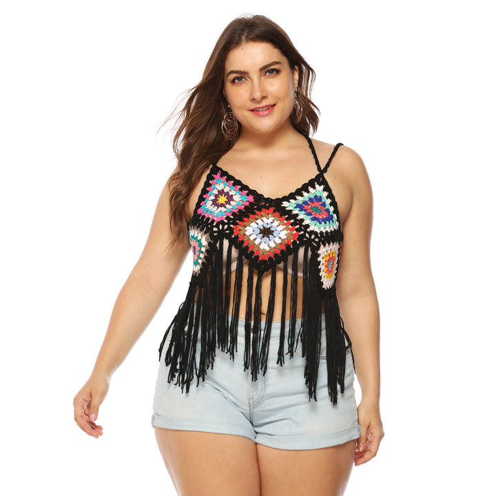 Damen gehäkeltes Crop-Top mit buntem Fransen-Design Drune
