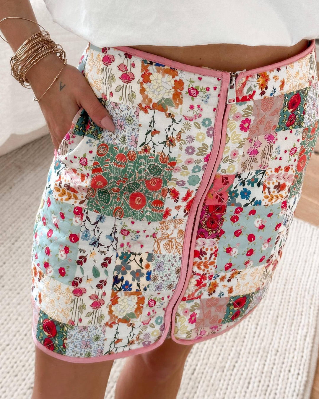 Damen Patchwork Rock mit Reißverschluss und seitlichen Taschen Drune