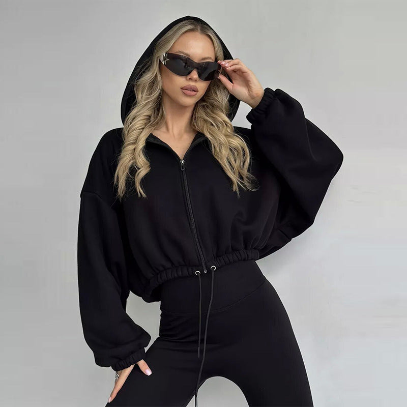 Damen nan kurzes Oversize-Kapuzensweatshirt mit Halbzip und Kordelzugbund Drune