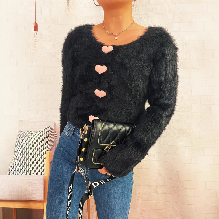 Damen Kuscheliger Strickpullover mit Herzknöpfen Drune