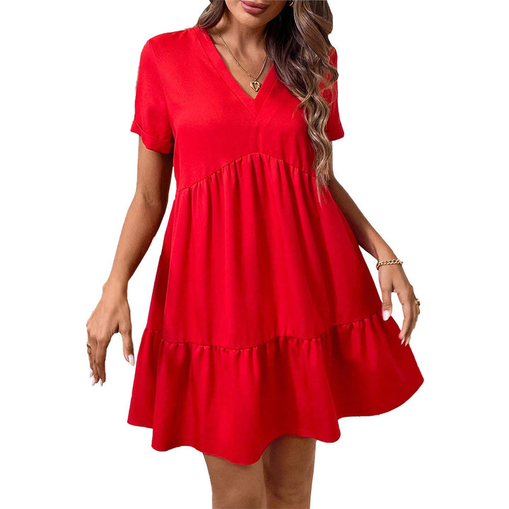 Damen Freizeitkleid mit V-Ausschnitt und schwingendem Rock Drune