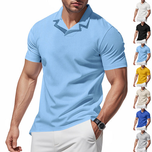 Herren nan strukturiertes Kurzarm-Polo mit offenem V-Kragen und körpernaher Passform Drune