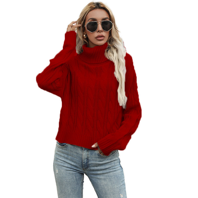 Damen Grobstrickpullover mit hohem Kragen und Zopfmuster Drune