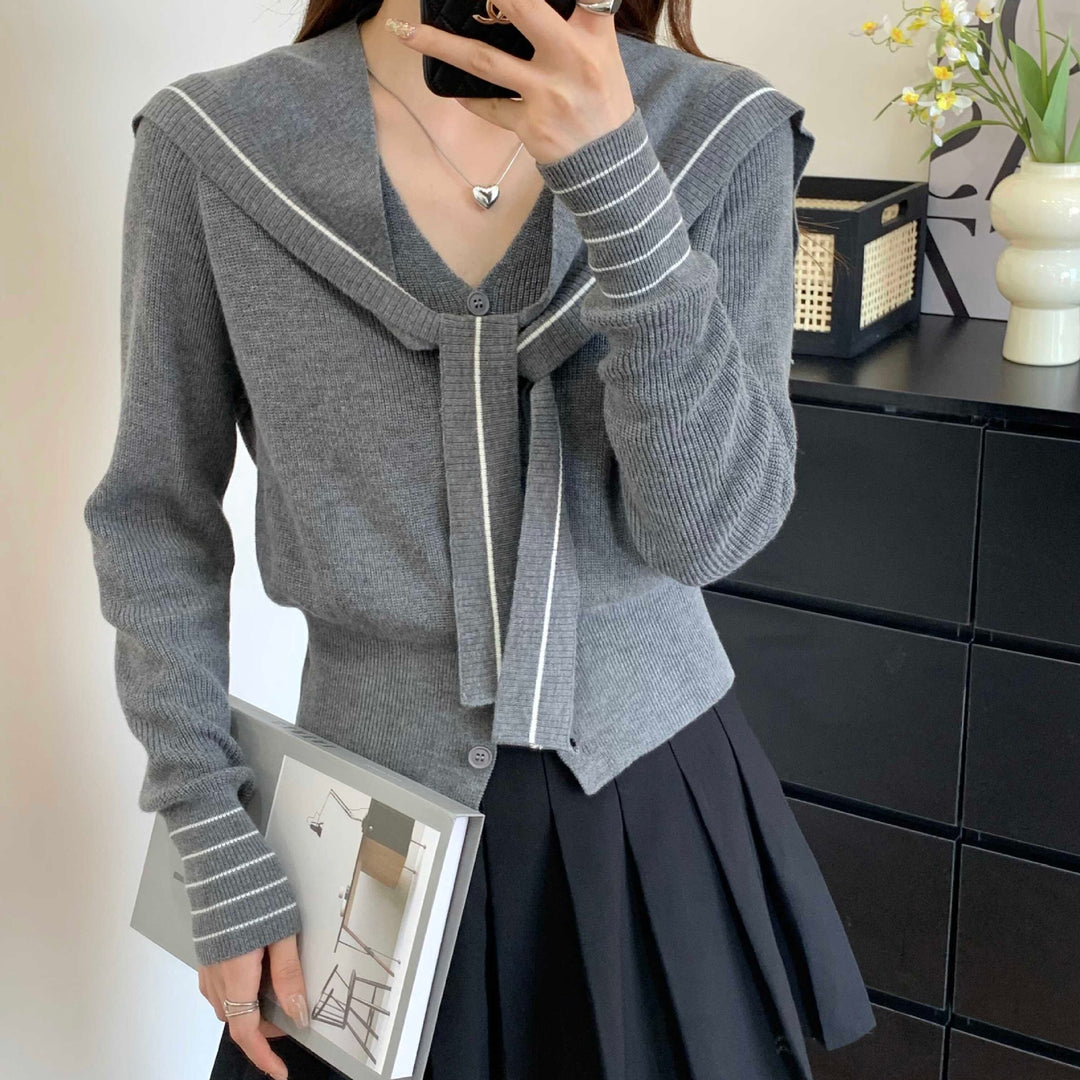 Damen Strickjacke mit dekorativem Kragen und Knopfdetails Drune