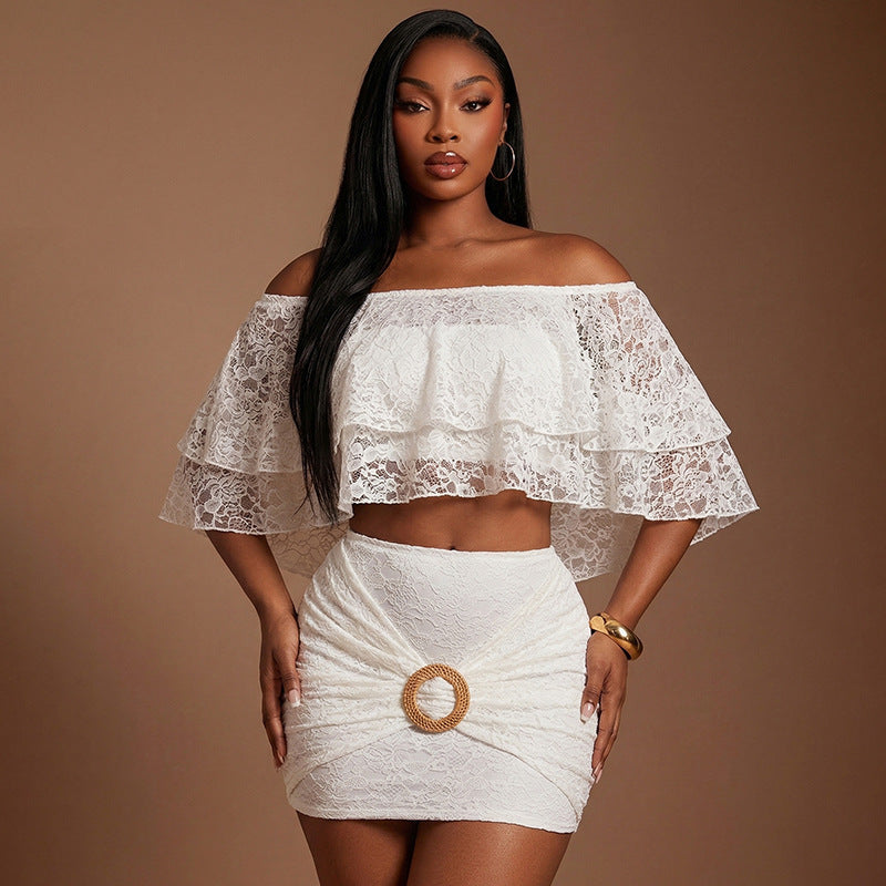 Damen Spitzen Crop-Top und Rock Set Drune