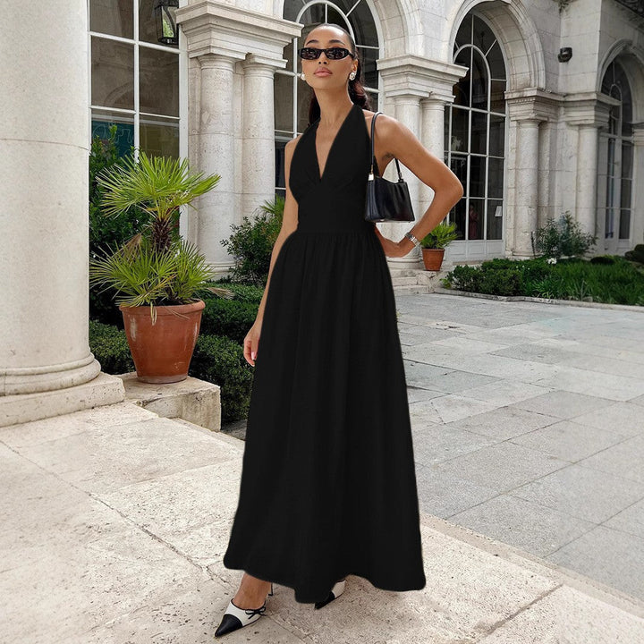 Damen Maxikleid mit tieferem V-Ausschnitt und fließendem Rock Drune