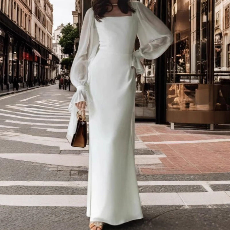 Damen elegantes Maxikleid mit Puffärmeln und quadratischem Ausschnitt Drune