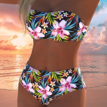 Damen Bandeau-Bikini-Set mit hochgeschnittenem Höschen und tropischem Blütenmuster Drune